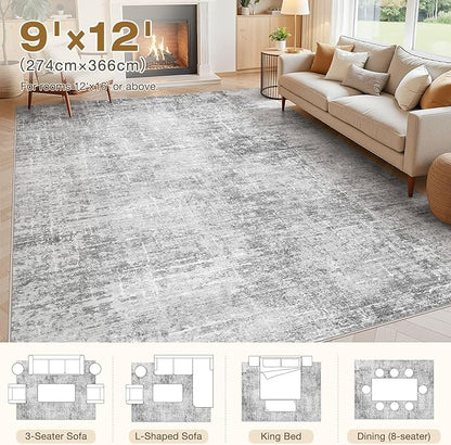 Abstract Living Room Rug 9x12 - Modern Washable Soft Thin Area Rug for Living Room Bedroom Under Dining Table - Neutral Indoor Floor Rug Carpets for Home Office Playroom Nursery - Grey White