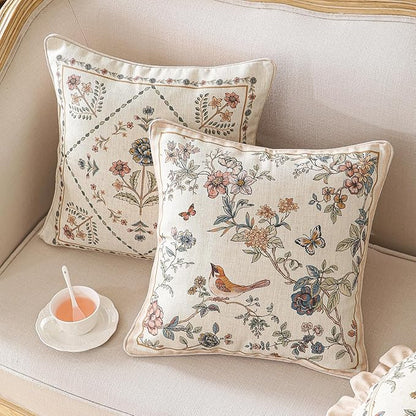 ISAENNE Design Square Floral Bird Linen Throw Pillow Covers 18"x18" Pack of 2, Yellow Pink Cushion Covers with Flower Chinese Hwamei Decor Pillowcases for Bed,Living Room,Outdoor,Car
