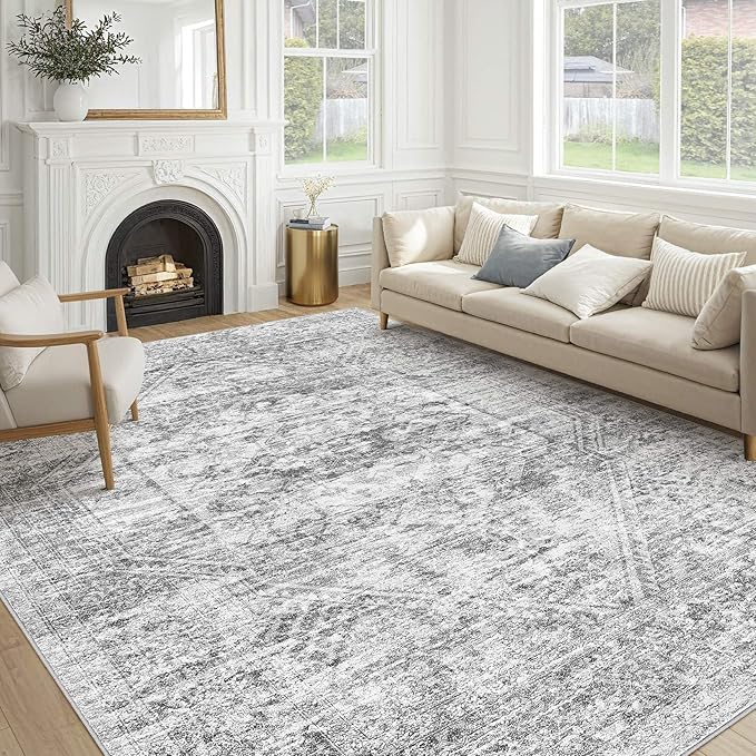 Vintage Living Room Area Rug 8x10 - Large Soft Washable Oriental Traditional Distressed Farmhouse Rugs for Bedroom - Indoor Floor Accent Carpet for Home Office House Decor - Distressed Grey