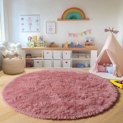 ONASAR Blush Round Area Rugs 5ft, Soft Bedroom Circle Rug Mats for Kids Girls Teen Room, Fluffy Plush Shaggy Carpet for Dorm Nursery Living Room Playroom Home Decor Princess Castle