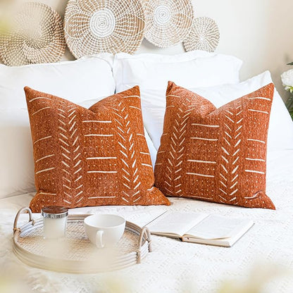 BlissBlush Fall Brick Red Decorative Throw Pillow Covers 18X18, Set of 2, Boho Farmhouse Cushion Cover, Cozy Soft Accent Pillowcase for Couch Sofa Bed Living Room Home Décor