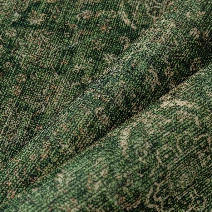 Vintage Area Rug 8x10 Washable Green Living Room Carpet Large Indoor Non Slip Bedroom Low Pile Kitchen Distressed Retro Accent Throw Rug for Dining Room