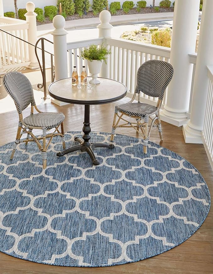 Unique Loom Outdoor Trellis Collection Area Rug (10' Round Navy Blue/Ivory)