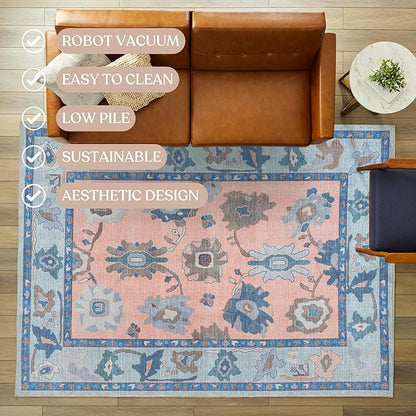 Fame Living Modern Oushak Runner Rug, Vintage, Turkish, Eclectic, Floral, Pastel, Washable, Small Throw Rugs, Short Runner for Hallway, Entryway, Laundry, Foyer, Bedroom, Kitchen, Bathroom, 2'5"x6'5"