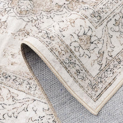 Beige Runner Rug 2x7 Washable Vintage Carpet Hallway Kitchen Soft Retro Low Pile Thin Indoor Bedroom Non Slip Oriental Medallion Long Throw Rug for Bathroom Laundry Dining Room