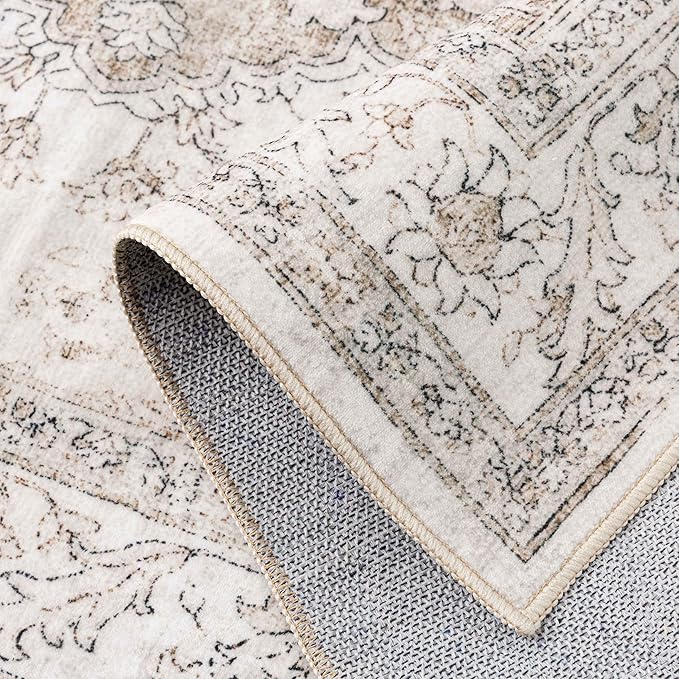 Beige Area Rug 10x12 Washable Living Room Carpet Vintage Non Slip Soft Bedroom Indoor Office Retro Low Pile Thin Oriental Medallion Large Rug for Dining Room Bathroom Playroom