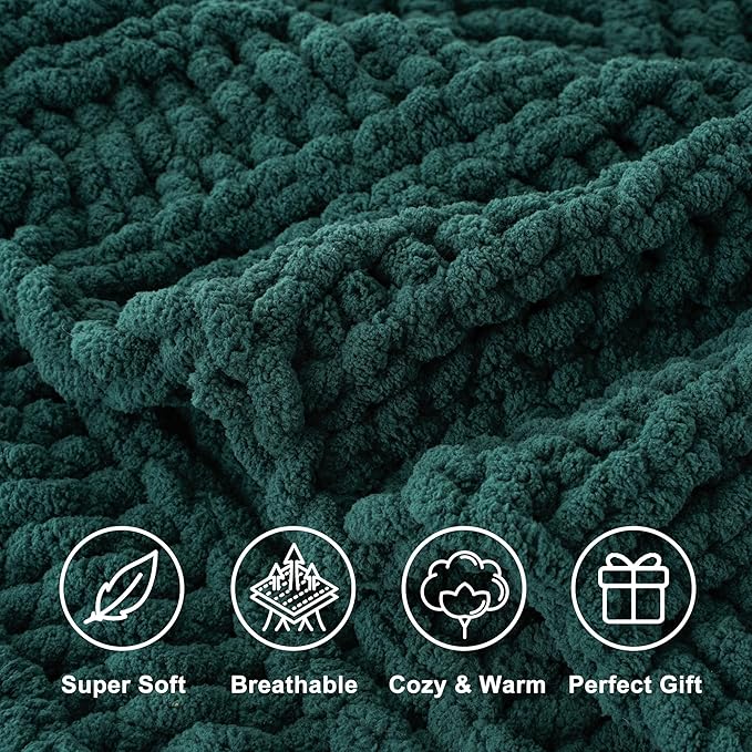 Battilo Christmas Green Throw Blanket for Couch, Chunky Knit Throw Blanket, Super Soft Warm Cozy Chenille Throw Blanket for Bed, Sofa, Living Room, Christmas Decor, 50"x60"