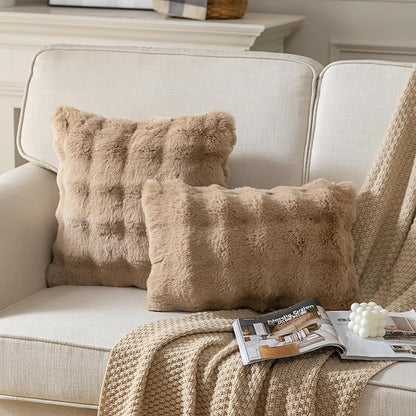 Pack of 2 Thick Plush Throw Pillow Covers Fluffy Wave Faux Fur Decorative Cushion Covers Soft Wool Pillowcase for Sofa Couch Livingroom 12x20 Inch Camel