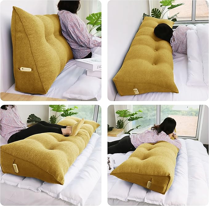 Wedge Headboard Pillow Dorm Room Reading Pillow Back Support for Sitting Up in Bed Bolster Lumbar Cushion Body Positioning Bedrest Cotton Linen 54in Yellow Full