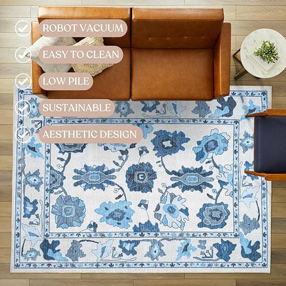 Fame Living Navy Blue Oushak Rug, Modern, Vintage, Turkish, Eclectic, Floral, Pastel, Washable, Large Area Rugs for Living Room, Dining, Bedroom, Girls, Boys, 7'5"x9'8"