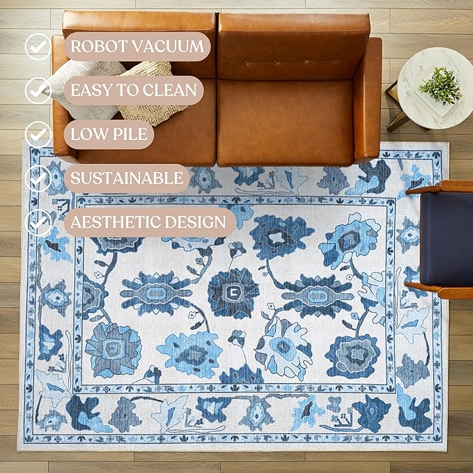Fame Living Navy Blue Oushak Runner Rug, Modern Runners, Turkish, Eclectic, Floral, Pastel, Washable, Small Rugs, Short Runner for Hallway, Entryway, Laundry, Bedroom, Kitchen, Bathroom, 2'5"x6'5"