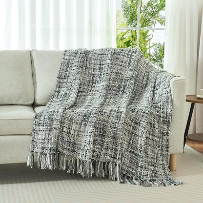 Multi-Color Grey Cable Knitted Throw Blanket for Couch,50"X60" Boho Style Textured Blankets for Home Decor,Super Soft Warm Cozy Chunky Knit Blanket with Decorative Tassels for Bed and Sofa