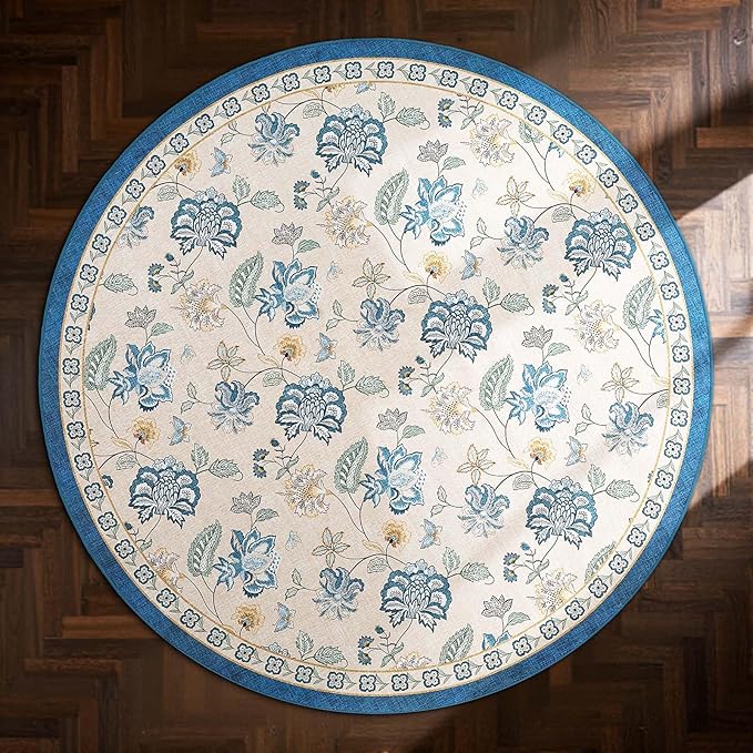 jinchan Elora 5ft Floral Round Rug for Entryway Washable Kitchen Rug Vintage Romance Design Non Slip Indoor Doormat Lightweight Low-Profile Throw Carpet for Living Room Dining Room Bedroom, Blue/Beige