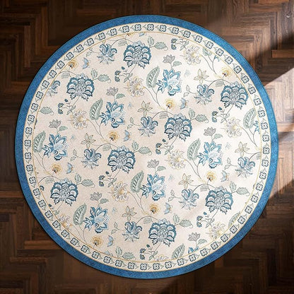 jinchan Elora 5ft Floral Round Rug for Entryway Washable Kitchen Rug Vintage Romance Design Non Slip Indoor Doormat Lightweight Low-Profile Throw Carpet for Living Room Dining Room Bedroom, Blue/Beige