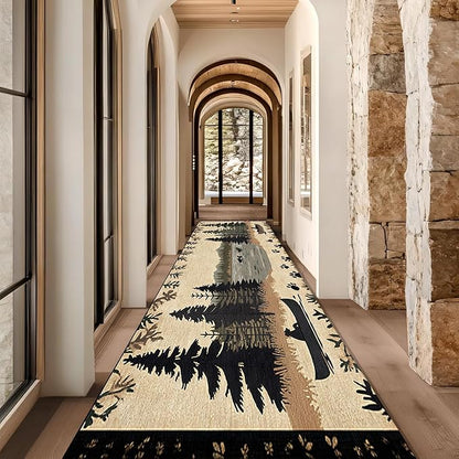 Vintage Bear Claw Fishing Boat Rug 3.3x10ft Elk Pine Forest Bohemian Carpet, Non-Slip Nursery Rug with Washable Surface, Brown Retro Floor Mat for Cabin Decor