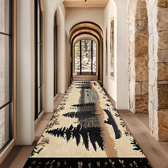 Vintage Bear Claw Fishing Boat Rug 2x8ft Elk Pine Forest Bohemian Carpet, Non-Slip Nursery Rug with Washable Surface, Brown Retro Floor Mat for Cabin Decor