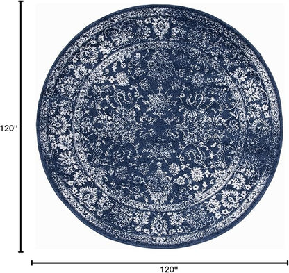 SAFAVIEH Adirondack Collection Area Rug - 10' Round, Navy & Ivory, Distressed Vintage Floral Design, Non-Shedding & Easy to Clean, Ideal for Living Room, Bedroom, Dining (ADR109N)