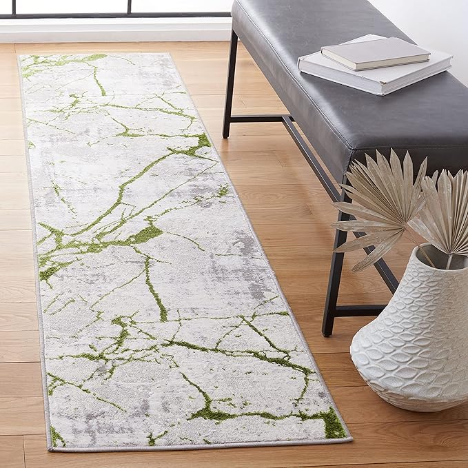 SAFAVIEH Amelia Collection Runner Rug - 2' x 8', Grey & Green, Modern Abstract Design, Non-Shedding & Easy Care, Ideal for High Traffic Areas in Living Room, Bedroom (ALA293J)
