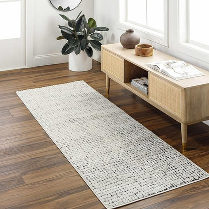 Hauteloom Keita Contemporary Mosaic Runner Rug - High Pile Fluffy Soft Shag Carpet for Hallway, Kitchen - Black and White - 2'8" x 7'3" Runner