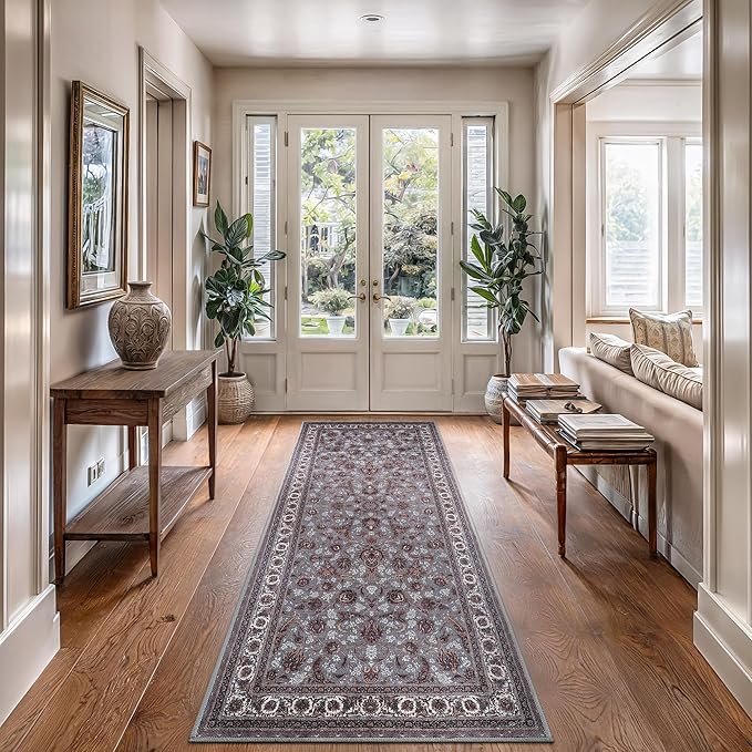 Bloom Rugs Washable Non-Slip 12 ft Runner - Slate Gray Traditional Oriental Runner for Entryway, Hallway, Bathroom, and Kitchen - Exact Size: 2.5' x 12'