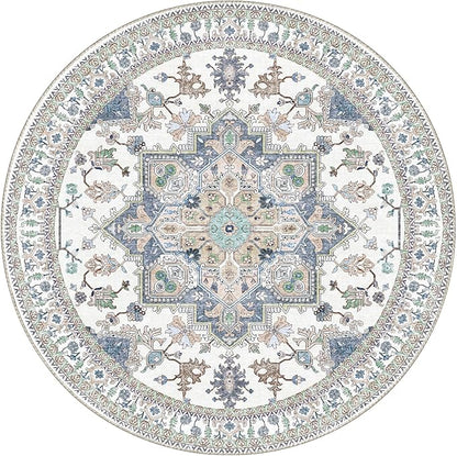 OPPODREAM Thin Round Rug 4ft, Washable Circle Rug 4ft with Non Slip Backing Play Room, Low-Pile Carpet 4 ft, Small Faux Cashmere Throw Carpet, Purple & Green & Cream