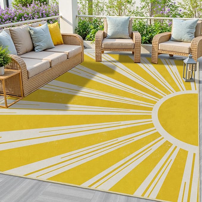 Outdoor Indoor Area Rug Boho Sun Washable Outdoor 8x10 Patio Rugs Medieval Aesthetic Vintage Abstract Art Non-Slip Carpet for Living Room, Patio, Porch, Pool Deck (8x10)