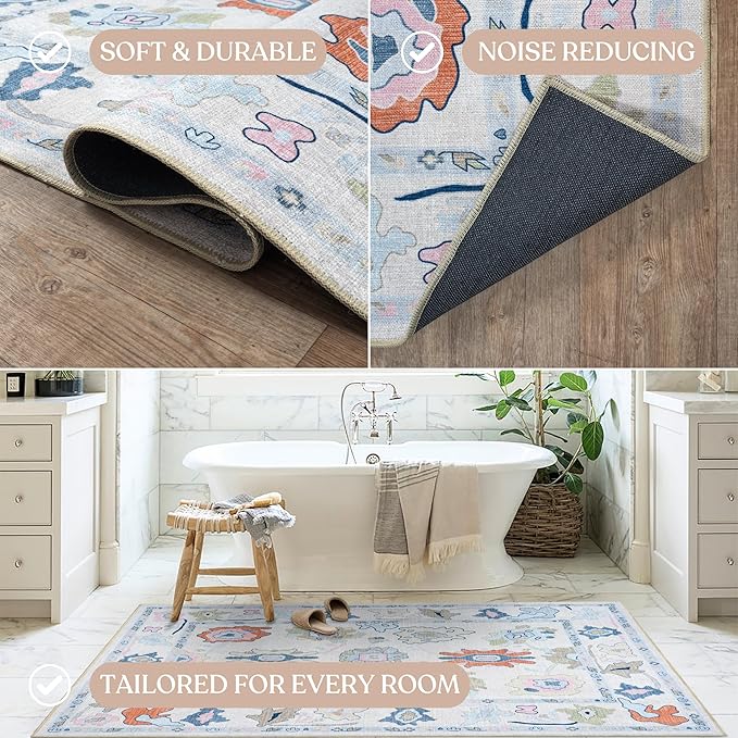 Fame Living Cream Oushak Rug, Modern, Vintage, Turkish, Eclectic, Floral, Pastel, Washable, Area Rugs for Living Room, Dining, Bedroom, Office, Entryway, Foyer, Playroom, Nursery, 5'x6'9"