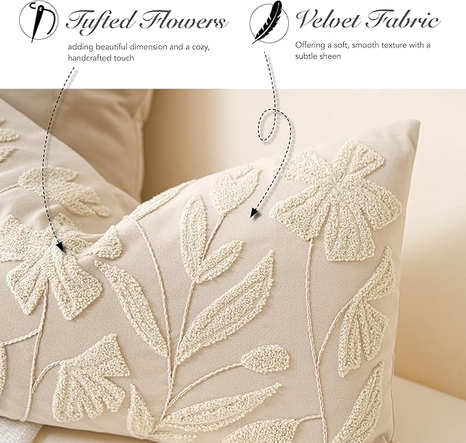 BlissBlush Light Beige Velvet Decorative Long Lumbar Pillow Cover 14x36, Neutral Floral Soft Body Pillow for Bed, Accent Lumbar Throw Pillow for Bedroom, Modern Farmhouse Textured Pillowcase