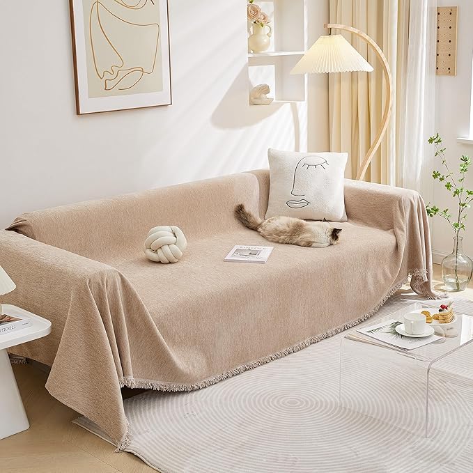 MEETSKY Sofa Covers for Sectional Sofa Set Couch Cover for Dogs Throw Couch Cover with Tassel Loveseat Covers Futon Cover L Shaped Cover Washable Chenille Couch Protector, 91" x 150", Khaki