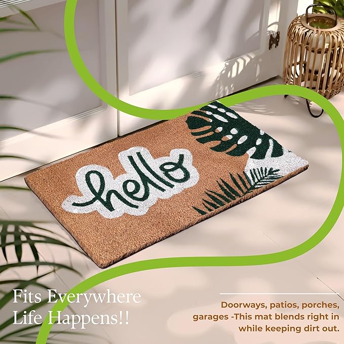 Coir Door Mats 17" X 30", Non-Slip Sturdy, PVC Backed Heavy Duty, Easy to Clean, Ideal for Door Entrance, Patio, Porch, Backyard, Garages, Hello - Green Leaves