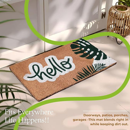 Coir Door Mats 17" X 30", Non-Slip Sturdy, PVC Backed Heavy Duty, Easy to Clean, Ideal for Door Entrance, Patio, Porch, Backyard, Garages, Hello - Green Leaves