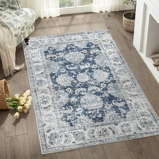 jinchan Fiora Floral 3x5 Area Rugs for Entryway - Machine Washable Taupe Vintage Distressed Design Doormat Non-Slip Ultra-Thin Low Pile Boho Rug for Kitchen Living Room Farmhouse (3‘x5', Dark Blue)