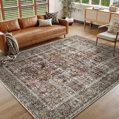 Vintage Area Rug 5x7 Rust Red Washable Living Room Large Carpet Non Slip Bedroom Indoor Office Low Pile Traditional Distressed Retro Accent Rug for Dining Room Bathroom Kitchen