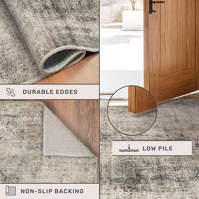 Farmhouse Brown Rugs for Living Room 8x10 - Taupe Rustic Minimalist Area Rug for Dining Room, Large Bedroom, Washable Foldable Dark Academy Décor