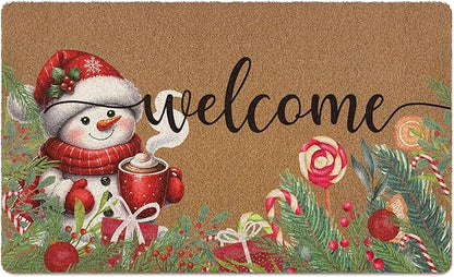Christmas Snowman Door Mat, Winter Welcome Doormat, Christmas Holiday Welcome Front Door Mat Indoor Outdoor Entrance, Xmas Botanical Artificial Coir Doormats Rugs for Porch Entryway 30x17in