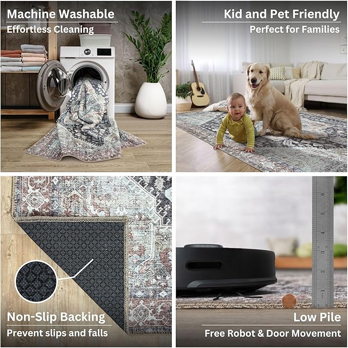 Bloom Rugs Washable Non-Slip 8' x 10' Rug - Charcoal/Brown Traditional Medallion Area Rug for Living Room, Bedroom, Dining Room, and Kitchen - Exact Size: 8' x 10'
