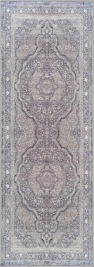 Bloom Rugs Washable Non-Slip 7 ft Runner - Blue/Steel Gray/Beige Traditional Medallion Runner for Entryway, Hallway, Bathroom, and Kitchen - Exact Size: 2.5' x 7'