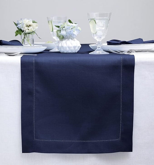 Solino Home Linen Navy Blue Table Runner 36 Inches - Classic Hemstitch, 100% Pure Linen Coffee Table Runner 14 x 36 Inch Ideal for Dresser Tables - Winter, Christmas, New Year