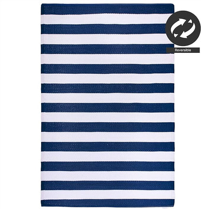 FH Home Outdoor Rug - Waterproof, Fade Resistant, Reversible - Premium Recycled Plastic - Striped - Porch, Deck, Balcony, Mudroom, Laundry Room, Patio - Brittany - Blue & White Crease Free - 3 x 5 ft