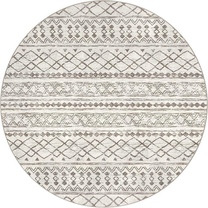 KUTA Round Washable Rug 5Ft Beige Boho Area Rugs for Living Room, Moroccan Foyer Throw Mat Non Slip, Soft Distressed Geometric Entry Circle Low-Pile Carpet for Bedroom Nursery Dorm Decor