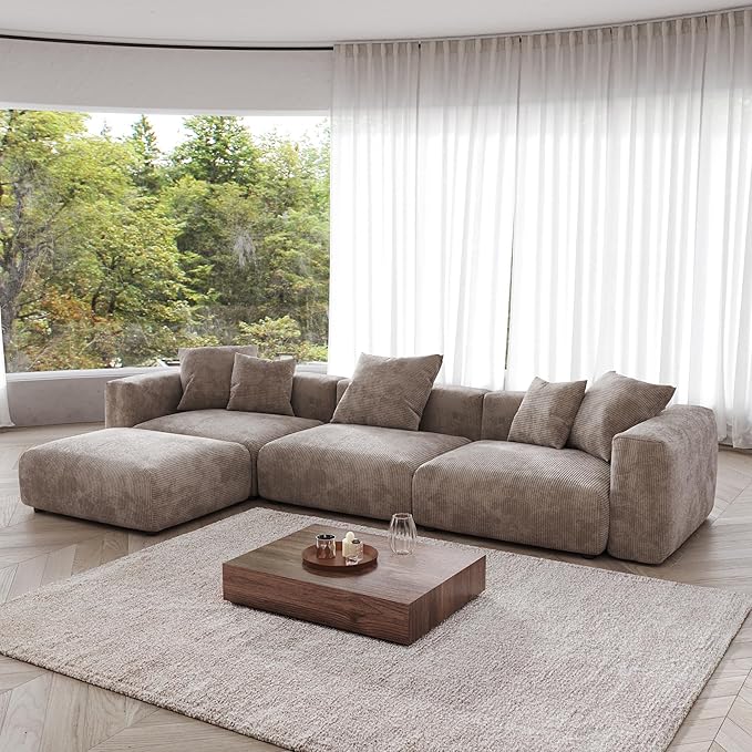 JACH Modern Sectional Couch Sofa, Corduroy Modular Sectional Couch with Chaise Ottoman, Cushion Covers Removable, Oversized Soft Couches for Living Room, Office (Light Brown)