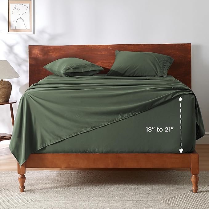 Bedsure Deep Pocket King Sheet Set - Fits Mattresses Up to 21 Inches Thick - 4 Piece GentleSoft Bed Sheets, Moisture Wicking, Soft & Cooling Bedsheet & Pillowcases, Easy & Secure Fit, Olive Green