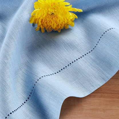 Solino Home Linen Cornflower Blue Table Runner 132 Inches Long - 100% Pure Linen Hemstitch 14 x 132 Inch Table Runner for Dining - Classic Hemstitch