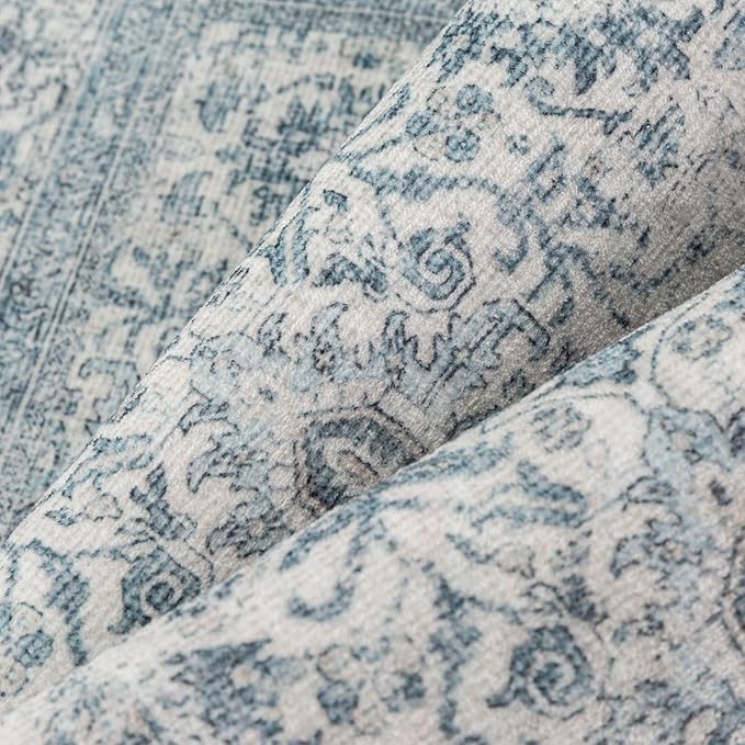 Vintage Area Rug 8x10 Blue Washable Living Room Large Carpet Non Slip Bedroom Indoor Office Low Pile Traditional Distressed Retro Accent Rug for Dining Room