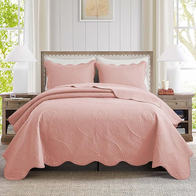 IR Imperial Rooms King Quilt Bedding Set Size (106" x 96") + 2 Pillow Shams (20" x 36"+ 2") - 3 Pcs All Season Lightweight Reversible Microfiber Coverlet Floral Embossed Quilt Bedspread (Baby Pink)