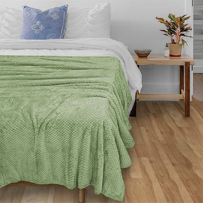PAVILIA Sage Green Throw Blanket for Couch, Twin Bed, Soft Fleece Throws for Sofa Chair, Fuzzy Waffle Textured Blanket, Cozy Warm Lightweight All Season Blanket Throw, 60x80