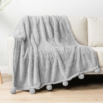Pavilia Light Grey Sherpa Throw - Twin, Fuzzy Couch Throw with Pom Poms, Soft Fluffy Cozy Blanket - Lightweight, 60x80