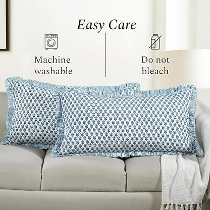 CPC Apatite Blue 100% Cotton Block Print Ruffle Sham Cover 20X36 inch Pack of 2, Handmade Boho Floral Pillowcase, Soft Decorative King Bed Pillow Cover for Bedroom Décor