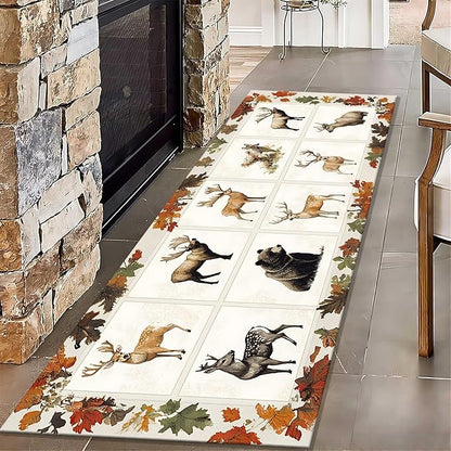 Beige Checkered Maple Bear Elk Hallway Rug 4x12ft Bohemian Vintage Floor Mat for Nursery Farmhouse, Foldable Anti-Fatigue Rug with Crushed Leaf Pattern