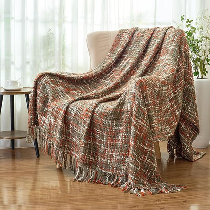 Multi-Color Orange Cable Knitted Throw Blanket for Couch,60"X80" Boho Style Textured Blankets for Home Decor,Super Soft Warm Cozy Chunky Knit Blanket with Decorative Tassels for Bed and Sofa